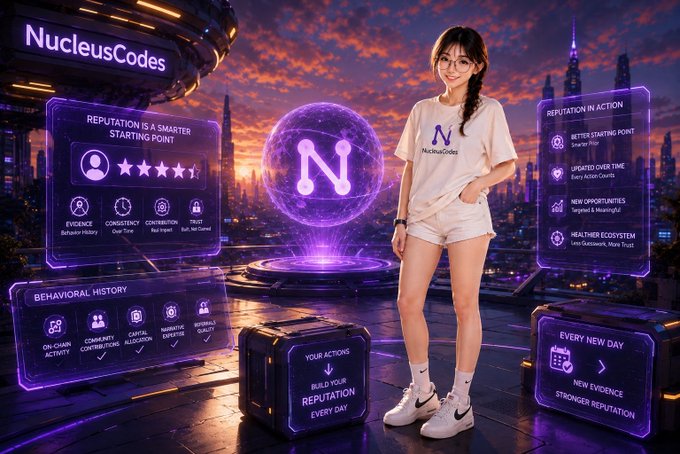 A promotional image for 'NucleusCodes' featuring a woman in a branded t-shirt standing among glowing purple UI panels about reputation systems, behavioral history, and the Nucleus 'N' logo.