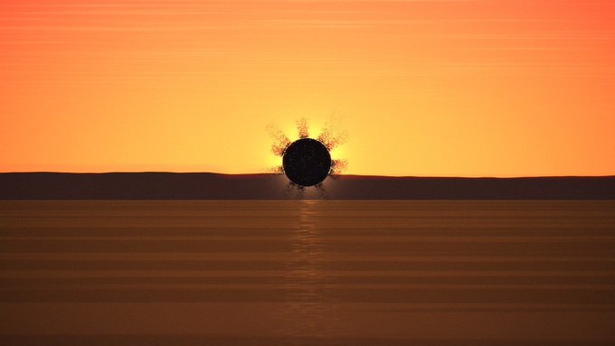 A serene sunset or sunrise over a calm body of water with distant mountains, featuring a dark spherical object with particle effects hovering near the horizon.
