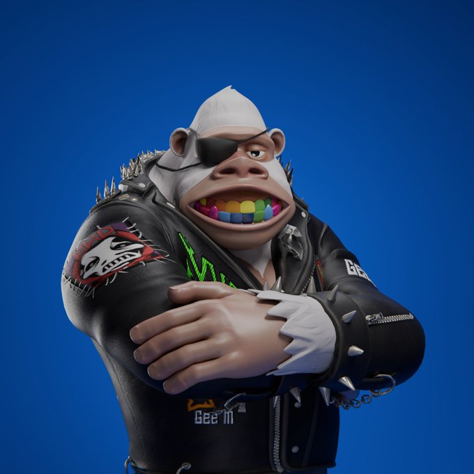 A 3D rendered character of a muscular ape wearing an eyepatch and a spiked leather jacket with patches, standing against a blue background.