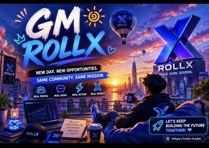 A promotional banner for GM ROLLX featuring a person overlooking a city skyline at sunset, with text reading "NEW DAY. NEW OPPORTUNITIES. SAME COMMUNITY. SAME MISSION." and the website https://rollx.trade/.