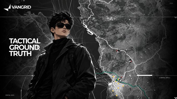 A stylized graphic titled 'TACTICAL GROUND TRUTH' by VANGRID featuring a young man with black hair and sunglasses in dark clothing, standing in front of a detailed map background.