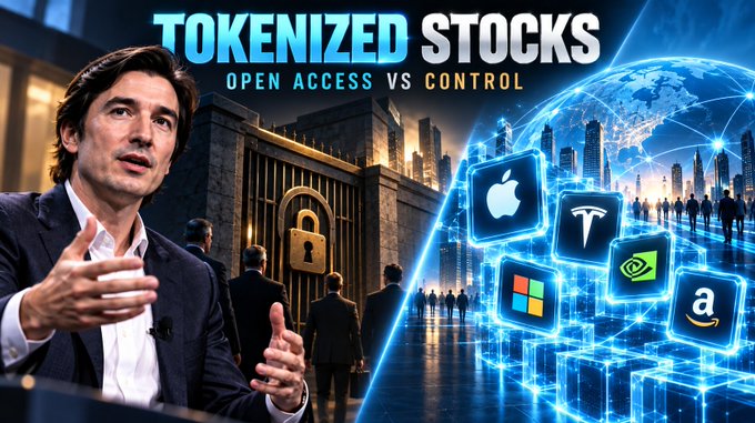 A YouTube-style thumbnail titled "TOKENIZED STOCKS - OPEN ACCESS VS CONTROL" features a man in a suit on the left and logos for Apple, Tesla, Microsoft, Nvidia, and Amazon on the right.