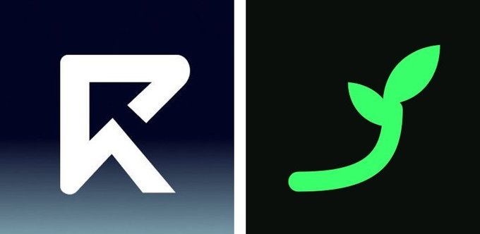Two side-by-side logos: a stylized white 'R' on a dark blue gradient background and a green leaf sprout icon on a black background.