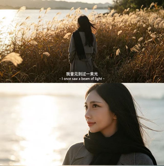 A two-panel image: the top shows a woman with long dark hair standing among tall golden reeds near water, with the text '我曾见到过一束光 / - I once saw a beam of light -'; the bottom is a close-up profile of the same woman gazing into the distance.