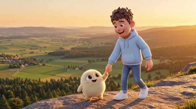 A 3D animated scene shows a smiling young boy in a blue hoodie standing on a rocky outcrop, holding hands with a small, round, fluffy cream-colored creature against a backdrop of rolling green hills at sunset.