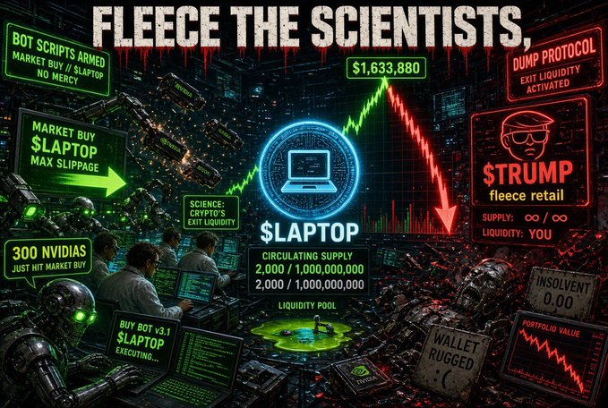 A satirical graphic titled 'FLEECE THE SCIENTISTS' depicting a dystopian cryptocurrency trading scene with $LAPTOP token references, $TRUMP 'fleece retail' sections, and 'DUMP PROTOCOL' warnings.