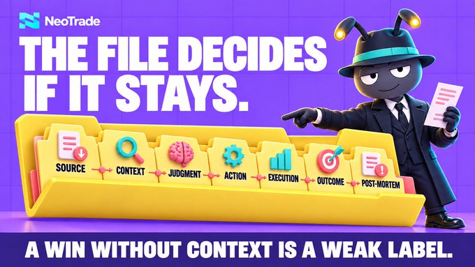 A NeoTrade promotional graphic with text 'THE FILE DECIDES IF IT STAYS' and 'A WIN WITHOUT CONTEXT IS A WEAK LABEL,' alongside a labeled folder showing SOURCE, CONTEXT, JUDGMENT, ACTION, EXECUTION, OUTCOME, and POST-MORTEM steps.