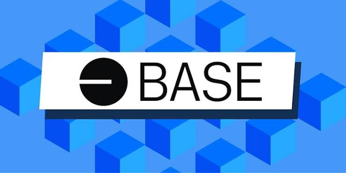 The Base logo, a cryptocurrency/blockchain platform, displayed on a white banner against a blue background with a 3D cube pattern.