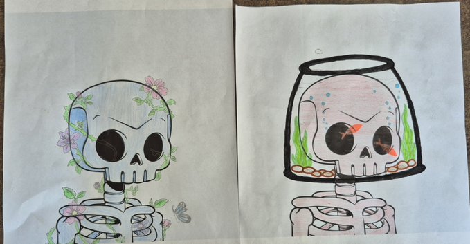 Two hand-drawn sketches of cute skeleton characters on paper - the left showing a blue-tinted skull adorned with flowers and butterflies, and the right depicting a skull in a fishbowl with a betta fish.