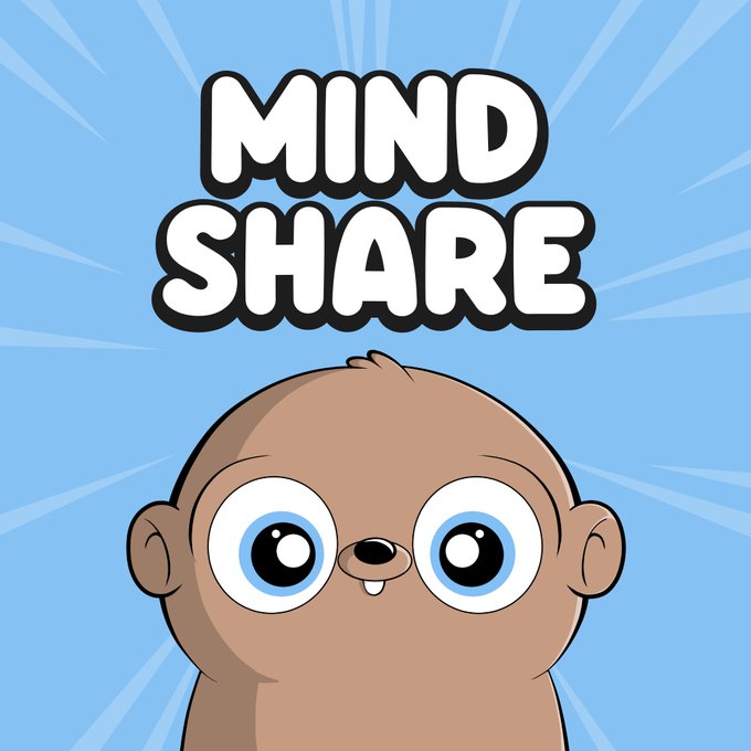 A cartoon illustration of a wide-eyed brown character below the text "MIND SHARE" against a blue background with radiating lines.