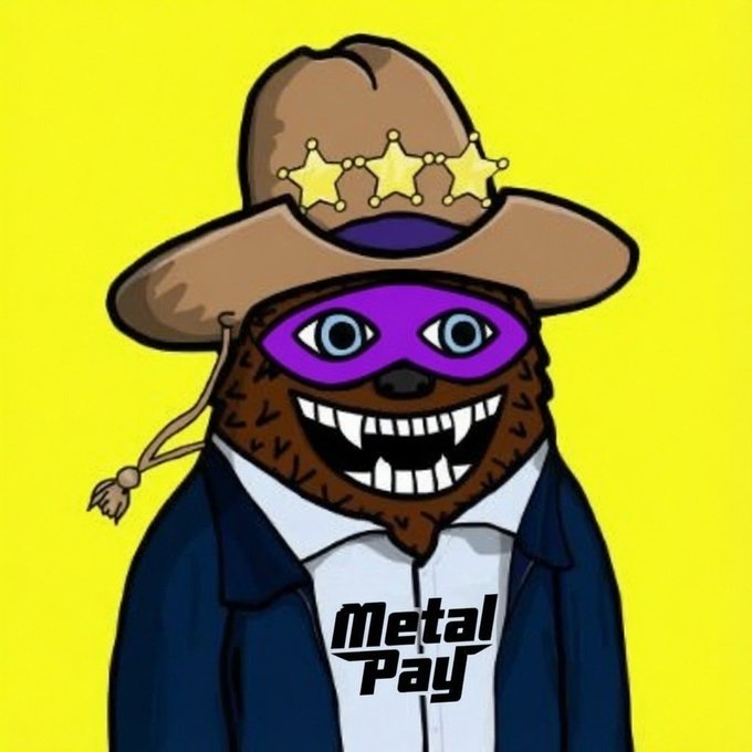 The image features a cartoon bear wearing a cowboy hat with three stars and a purple mask, standing against a yellow background. The caption below the image reads "Metal Pay".