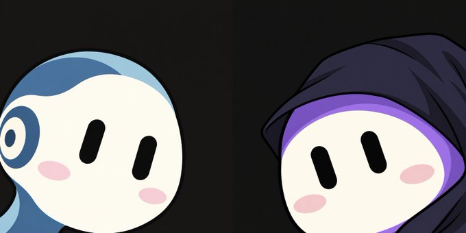 Two cartoon characters with minimalist white faces, pink cheek blushes, and simple oval black eyes—one blue and white, the other in a purple hooded cloak—appear side by side against a dark background.