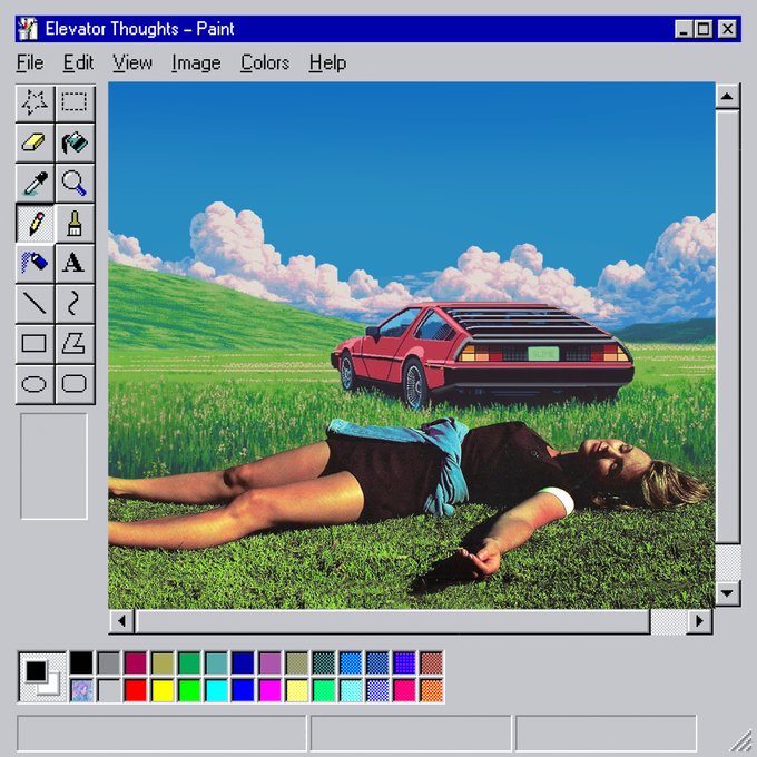 A retro Windows 95-style MS Paint window titled 'Elevator Thoughts' containing a vaporwave-style image of a woman lying in a grassy field with a red sports car and clouds in the background.