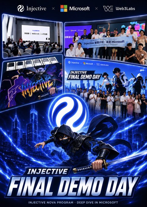 A promotional collage for 'Injective Final Demo Day' showing collaboration with Microsoft and Web3Labs, featuring event photos and a ninja character graphic.