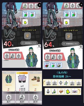 Two screenshots from a mobile game battle screen showing a "VS" matchup with a score of 40% vs 64% (丸の内/Marunouchi), displaying character equipment and items. The post relates by highlighting the "丸の内 38勝 勝利報酬" (Marunouchi 38 wins victory reward) text visible in the right screenshot, where the player won a gacha ticket as a prize.