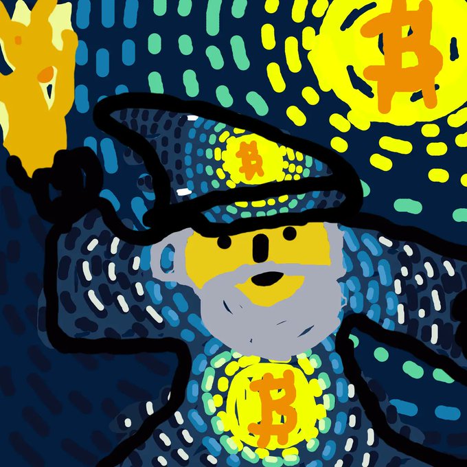 A wizard with a gray beard and blue robe wears a pointed hat adorned with the Bitcoin "₿" symbol, holding a staff topped with a flame, while additional Bitcoin symbols appear on his chest medallion and floating in the swirling blue and yellow background—this is Wizard #215 of the "10,000 Bitcoin Wizards" series, curated by @mavensbot.