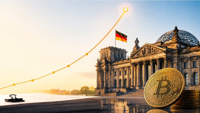 A Bitcoin coin sits in the foreground with the German Bundestag building and German flag in the background, with an upward-trending graph line connecting to a glowing point.