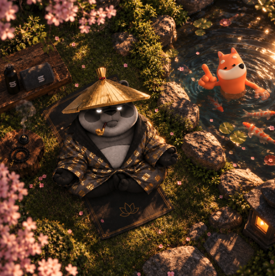 An anthropomorphic panda wearing a straw conical hat and a patterned robe meditates on a mat beside a tranquil pond, where a small orange fox-like character floats in the water amid cherry blossoms and koi fish.