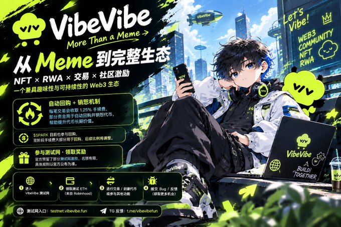 A promotional graphic for 'VibeVibe - More Than a Meme' featuring anime-style artwork of a character with headphones using a phone and laptop, advertising Web3 community features with text in both English and Chinese.