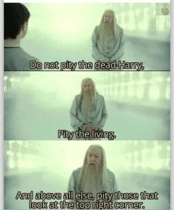 A three-panel meme featuring Dumbledore from Harry Potter with text reading 'Do not pity the dead Harry,' 'Pity the living,' and 'And above all else, pity those that look at the top right corner.'
