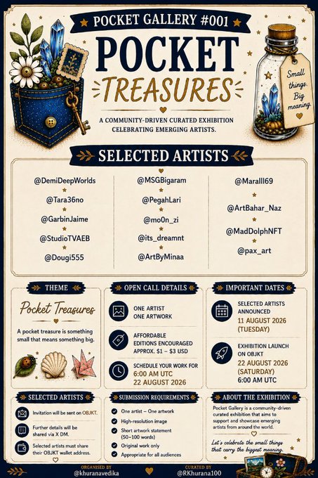 A promotional poster for 'POCKET GALLERY #001: POCKET TREASURES,' a community-driven exhibition featuring selected artists like @DemiDeepWorlds, @MSGbigaram, and @pax_art, with an exhibition launch on 23 August 2026.