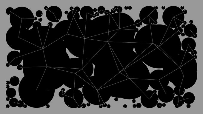An abstract digital artwork featuring a dense cluster of black circles of various sizes connected by thin white lines against a grey background.