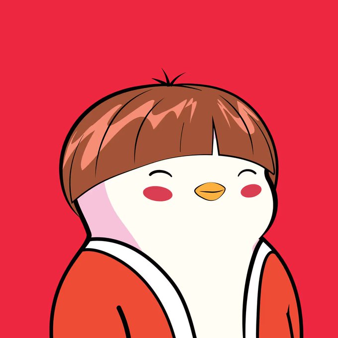 A cartoon illustration of a round, white bird-like character with brown hair, closed smiling eyes, rosy cheeks, an orange beak, and wearing a red jacket against a red background.