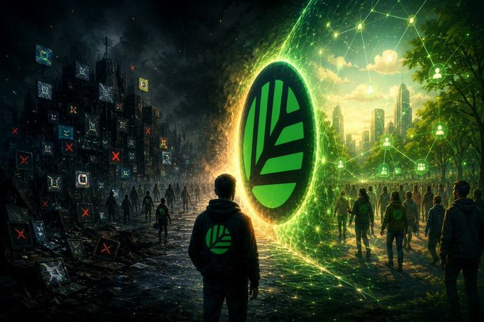 A digital artwork depicting a person facing a glowing green portal with a leaf logo, split between a dark dystopian cityscape on one side and a bright utopian city on the other, with figures in hoodies wearing the same logo.