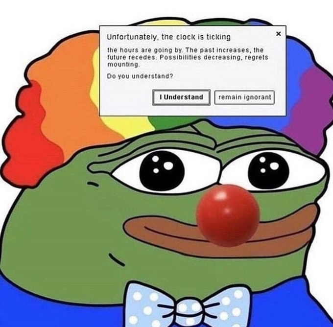 A rainbow-haired Pepe the Frog meme with a popup dialog reading 'Unfortunately, the clock is ticking - the hours are going by. The past increases, the future recedes. Possibilities decreasing, regrets mounting. Do you understand?' with options 'I Understand' and 'remain ignorant.'