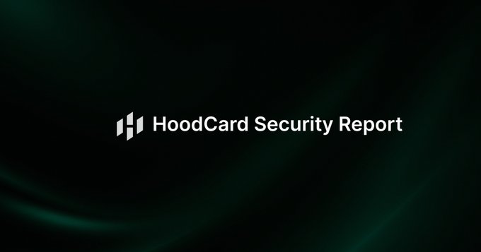 The image displays a title slide for the "HoodCard Security Report," featuring the HoodCard logo next to the text against a dark green gradient background. It serves as the announcement banner for the upcoming transparency report, signaling the project's commitment to publicly documenting its security and infrastructure.