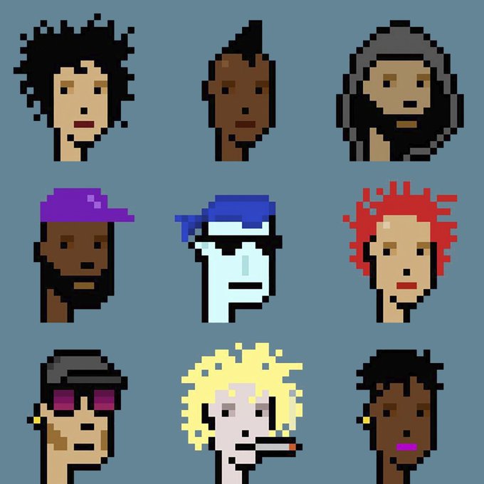 A 3x3 grid displaying nine pixel-art CryptoPunk avatars from the Larva Labs collection, featuring diverse traits including various hairstyles, a hoodie, cap, headband, sunglasses, and earring, set against a blue background in the distinctive 24x24 pixel style. The image illustrates the nine rare punks (numbered 2, 30, 58, 532, 602, 603, 635, 757, and 768) that Christie's announced for their May 21st Century Evening Sale in New York.