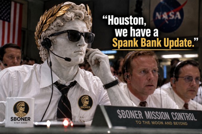 This humorous, edited image depicts a marble statue of Apollo wearing sunglasses and a headset, parodying NASA's mission control in Houston, with other serious-looking operators seated alongside. Visible text includes the quote "Houston, we have a Spank Bank Update," a "$BONER MISSION CONTROL - TO THE MOON AND BEYOND" desk sign, and a "$BONER STAY HARD" coffee mug, alongside the NASA logo and American flag. The accompanying post humorously frames a crypto treasury update—listing 35,062 $HIMS tokens, an $805K total LP value, 9.9M $BONER plus 1.5M $AI, and a $193K treasury—as a mock "Spank Bank Update" relayed from this fictional Boner Mission Control, blending absurd meme culture with a parody of space mission announcements to present their crypto holdings.
