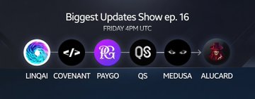 The image shows an advertisement for a television show called "Biggest Updates Show" that is currently airing at 4PM. The advertisement features a purple circle with a white logo, which represents the show's name. Below this logo, there are five different logos representing various sponsors or channels associated with the show. These logos include "Linking", "Covenant", "PayGo", and "Quick_Sync". Additionally, there is an image of a person wearing a red hat, which could be related to the sponsor "Medusa" in this case. The text on the advertisement includes the names of the sponsors or channels, such as "Linking", "Covenant", "PayGo", and "Quick_Sync".