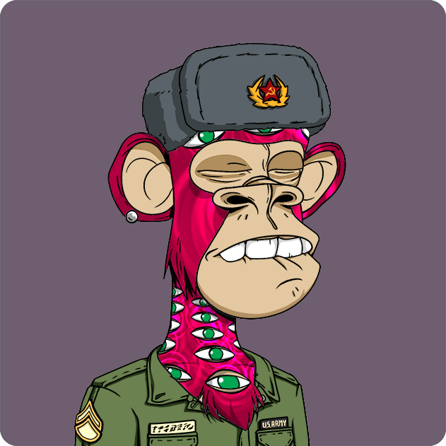 The image features a cartoon monkey wearing a hat with a red star, giving it a unique appearance. The monkey appears to be dressed as a soldier or officer, possibly from the US Army. It has a green shirt and a beard, adding to its distinctive look. The background of the image is purple, which contrasts with the pinkish-red color of the monkey's hat. There are no texts present in the image, so it does not provide any information about the post or the website where this image was posted.