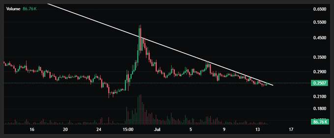 A 4-hour candlestick chart of $RAVE shows price sliding beneath a descending trendline resistance, with the current price around $0.2507 and volume at 86.76K, illustrating the token's sustained downtrend through early-to-mid July.
