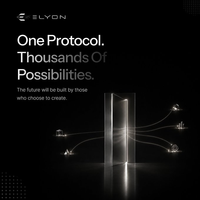 A promotional graphic for "ELYON" featuring a dark, minimalist design with a glowing doorway emitting light beams that connect to small icons of diverse structures and objects, visually representing the "One Protocol. Thousands Of Possibilities" tagline and the post's message about limitless creation in Web3.
