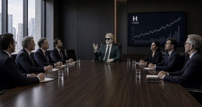 A boardroom meeting shows people in business attire seated around a long wooden table, with a presenter standing before a screen displaying 'HIMS' and a financial chart.