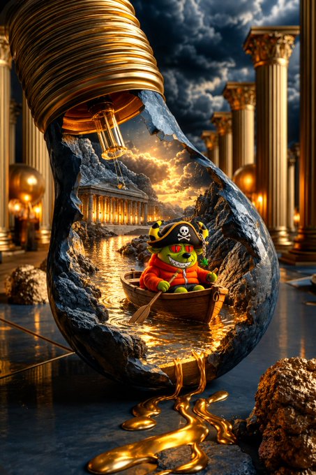 A fantasy digital artwork depicting a pirate frog wearing an eyepatch and tricorn hat, rowing a small boat through golden water inside a cracked, oversized lightbulb surrounded by classical columns and ruins.