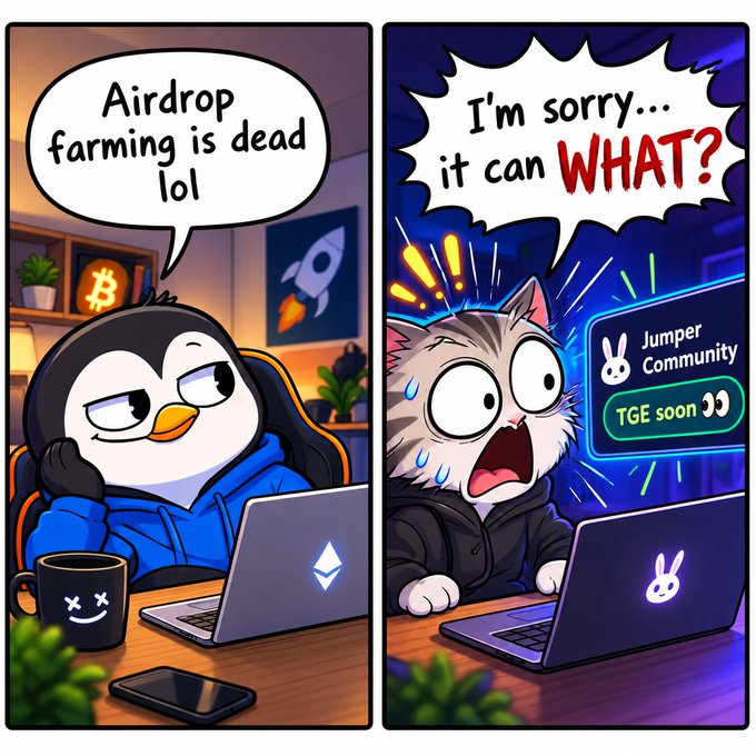 Two-panel cartoon featuring a penguin declaring 'Airdrop farming is dead lol' while using a laptop with an Ethereum logo, and a shocked cat exclaiming 'I'm sorry... it can WHAT?' seeing news of 'Jumper Community TGE soon'.