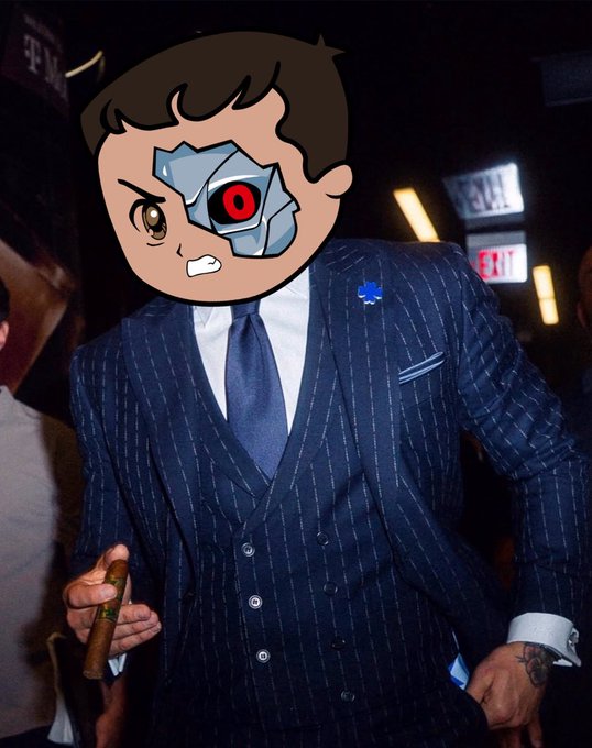A man in a navy pinstripe three-piece suit holds a cigar, his face obscured by an edited cartoon boy head featuring a robotic red eye.