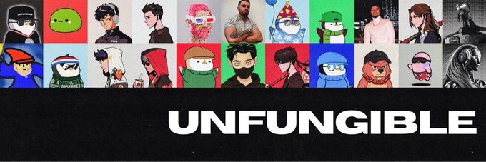 The image features a grid of 20 diverse avatar-style portraits above the bold text "UNFUNGIBLE," visually representing the NFT community and the brand where the poster worked. It serves as a fitting tribute to their time at the company, symbolizing the wide network of people and digital identities they encountered during their 2.5-year tenure.