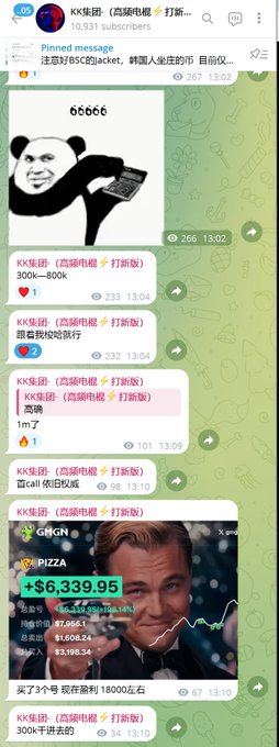 The image shows a Telegram chat screenshot where a user named KK集团 promotes $PIZZA as a high-return investment, claiming a +$6,339.95 profit and encouraging followers to commit 300k-1.7m for a "6x return," with a pinned message offering a "BSC jacket" for joining. The "after" visual features a smug Leonardo DiCaprio meme overlaying a stock chart, reinforcing the celebratory tone of the post's investment pitch.