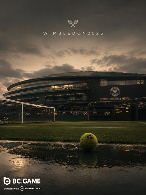 A Wimbledon 2026 promotional banner featuring a tennis ball on a court with the stadium in the background, branded with BC.Game and a gambling awareness notice.