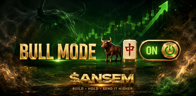 Crypto promotional graphic featuring a glowing green bull, candlestick charts, and a Mahjong tile, with text 'BULL MODE ON' and '$ANSEM - BUILD • HOLD • SEND IT HIGHER'.