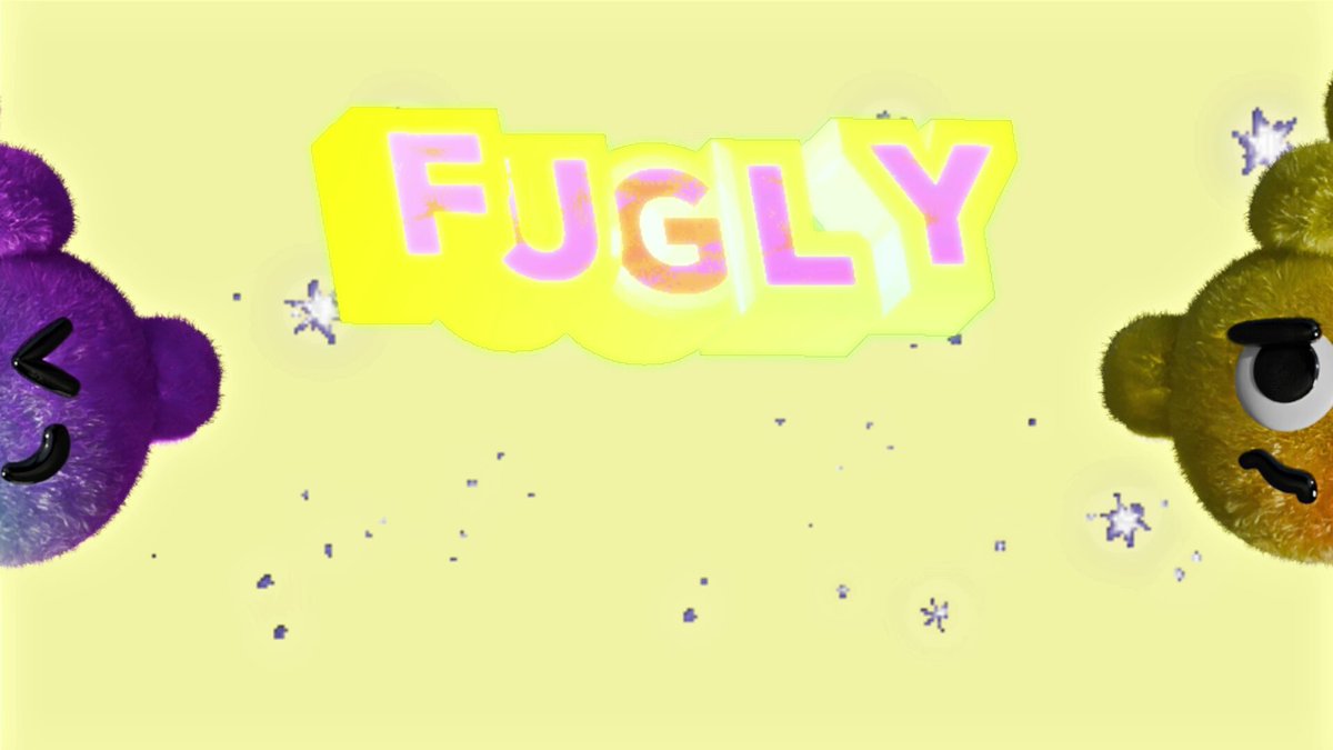 The image features a cartoon bear with purple eyes, wearing a yellow hat that has "ugly" written on it. The bear appears to be looking at another cartoon bear with an angry expression. Both bears are sitting next to each other against a yellow background. Below them is text that reads "Fugly: the ugliest collection on @ethereum is loading snap it!".