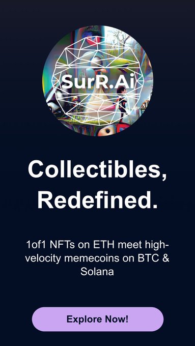 The image shows a purple button with white text that says "Explore Now!". The button has an arrow pointing towards it, indicating that users can click on it to learn more about SurR.ai's offerings. The post mentions that SurR.ai is now expanding into fungible digital assets and physical & digital arts, which could include items like NFTs or other digital art pieces.