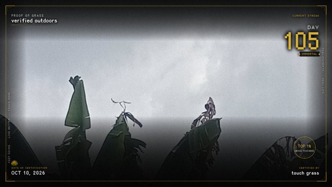 A screenshot from a survival horror game (likely 'Proof of Grass') showing 'DAY 105 IMMORTAL' with 'CURRENT STREAK' displayed. Text reads 'PROOF OF GRASS verified outdoors', 'TOUCH GRASS', 'LIVE OUTDOORS', 'DAY MODE', 'OCT 10, 2026', 'CERTIFIED BY touch grass', and 'TOP 1% GRASS TOUCHERS'.