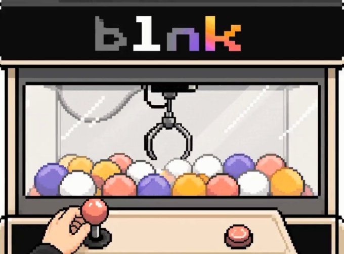A pixel art illustration of a claw machine labeled 'b l n k' filled with colorful balls, operated by a pixelated hand on a joystick.