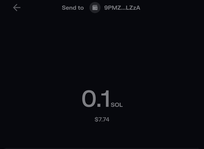 A cryptocurrency transfer screen shows a "Send to" transaction of 0.1 SOL ($7.74) to the address 9PMZ...LZzA, representing a portion of the 0.2 SOL airdrop being distributed to @SOLW1NS.