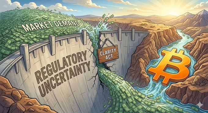 A digital illustration depicts a dam labeled 'MARKET DEMAND' on one side and 'REGULATORY UNCERTAINTY' on the other, with a 'CLARITY ACT' sign breaking through as money flows toward a Bitcoin symbol in a river below.